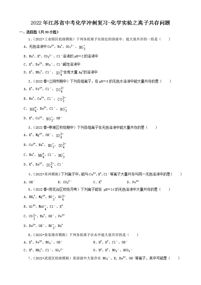 2022年江苏省中考化学冲刺复习-化学实验之离子共存问题第1页