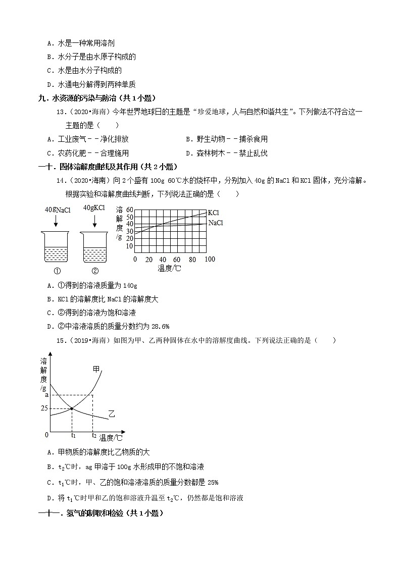 海南省卷三年（2019-2021）中考化学真题知识分类汇编03
