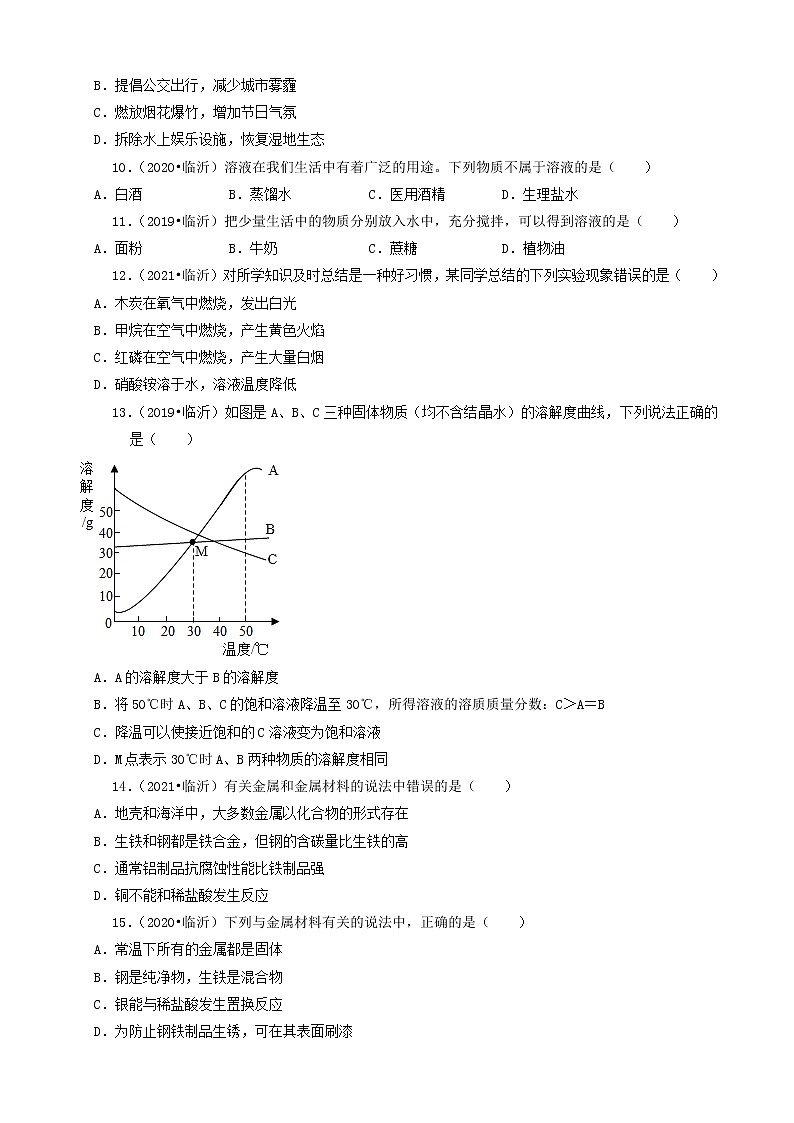 山东省临沂市三年（2019-2021）中考化学真题分类汇编-选择题03