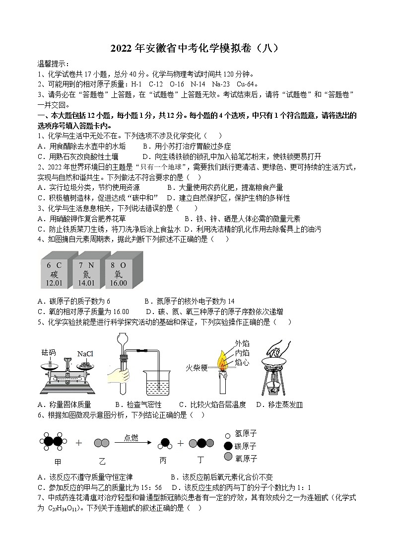 2022年安徽省中考化学模拟卷（八） (word版含答案)01