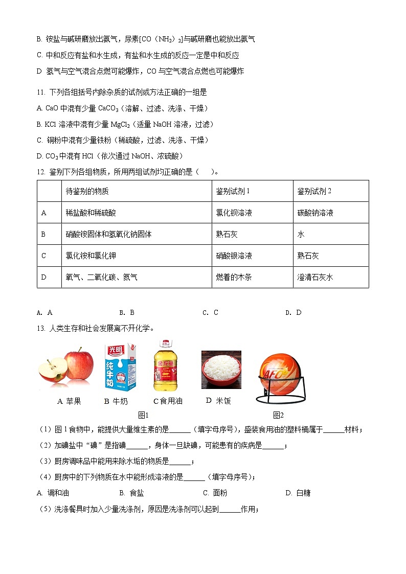 2022年四川省雅安市雅安中学九年级中考第一次诊断化学卷及答案（文字版）03