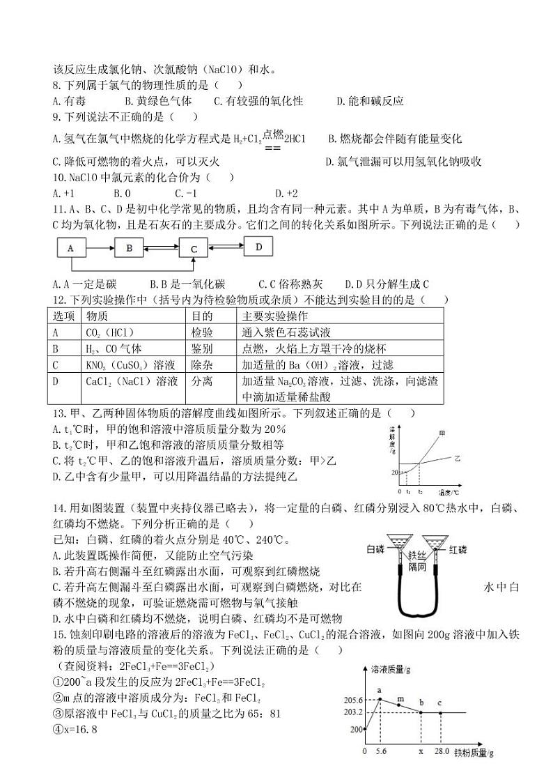 江苏省盐城市初级中学中校区2021-2022学年九年级下学期一模考试化学试题（PDF版含答案）02