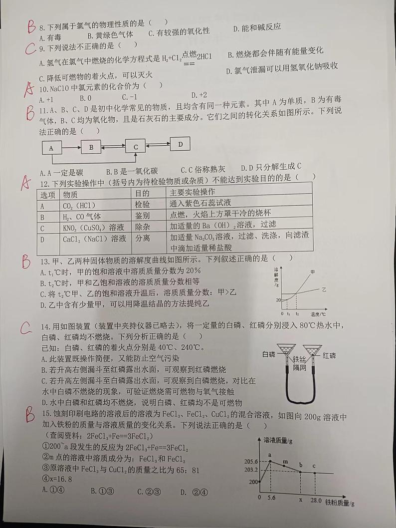 江苏省盐城市初级中学中校区2021-2022学年九年级下学期一模考试化学试题（PDF版含答案）02