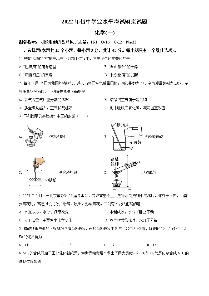 2022年湖南省岳阳市岳阳县中考一模化学卷及答案（文字版）01
