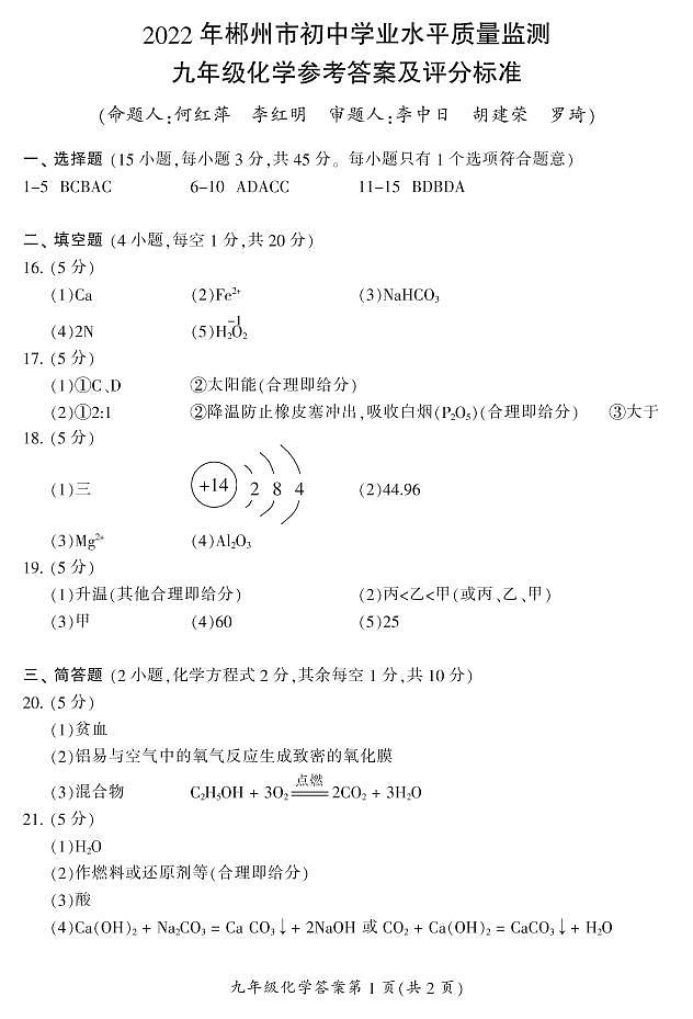 2022郴州市初中学业水平质量监测化学（答案）第1页