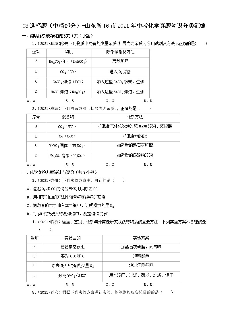 山东省16市2021年中考化学真题知识分类汇编01