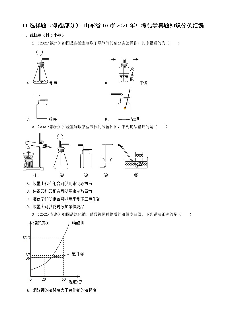 山东省16市2021年中考化学真题知识分类汇编01