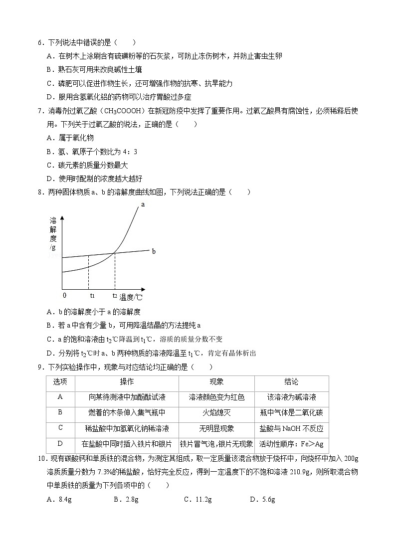2022年江苏省南通市中考化学模拟试卷(word版无答案)02