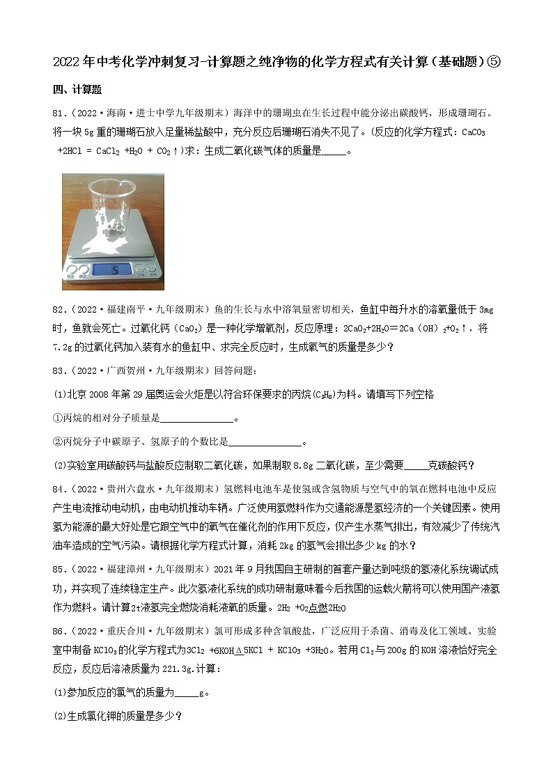2022年中考化学冲刺复习-计算题之纯净物的化学方程式有关计算（基础题）⑤第1页