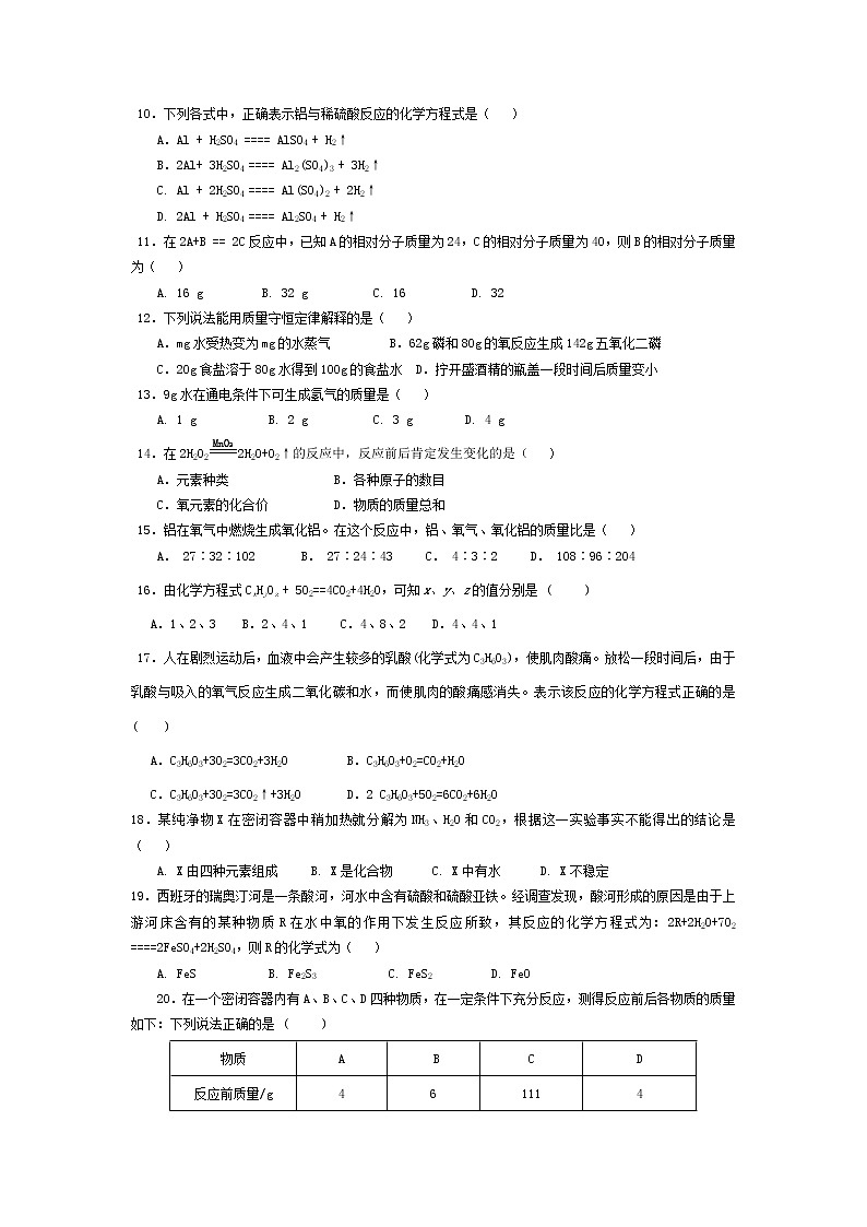 人教版初中化学第五单元化学方程式 试卷02