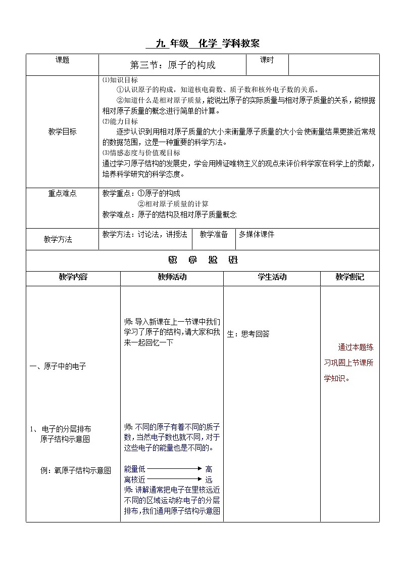 鲁教版九上化学 2.3原子的构成  教案01