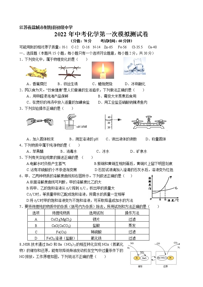 江苏省盐城市射阳县初级中学2022年中考化学第三次模拟测试卷第1页