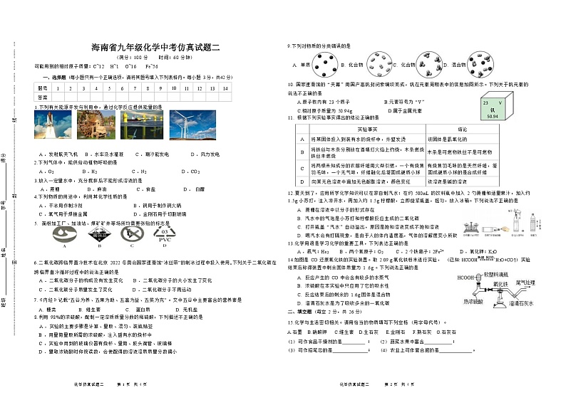 2022年海南省九年级中考仿真模拟（二）化学试题(word版无答案)01