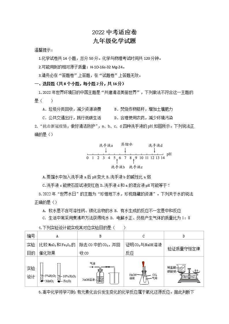 2022年山东省枣庄中考适应化学试卷（无答案）第1页