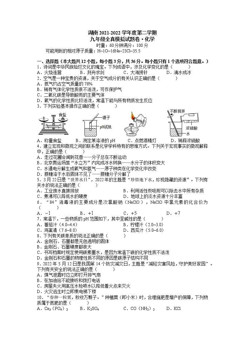 2022年湖南省长沙市中学九年级中考全真模拟考试化学试题（word原卷）第1页