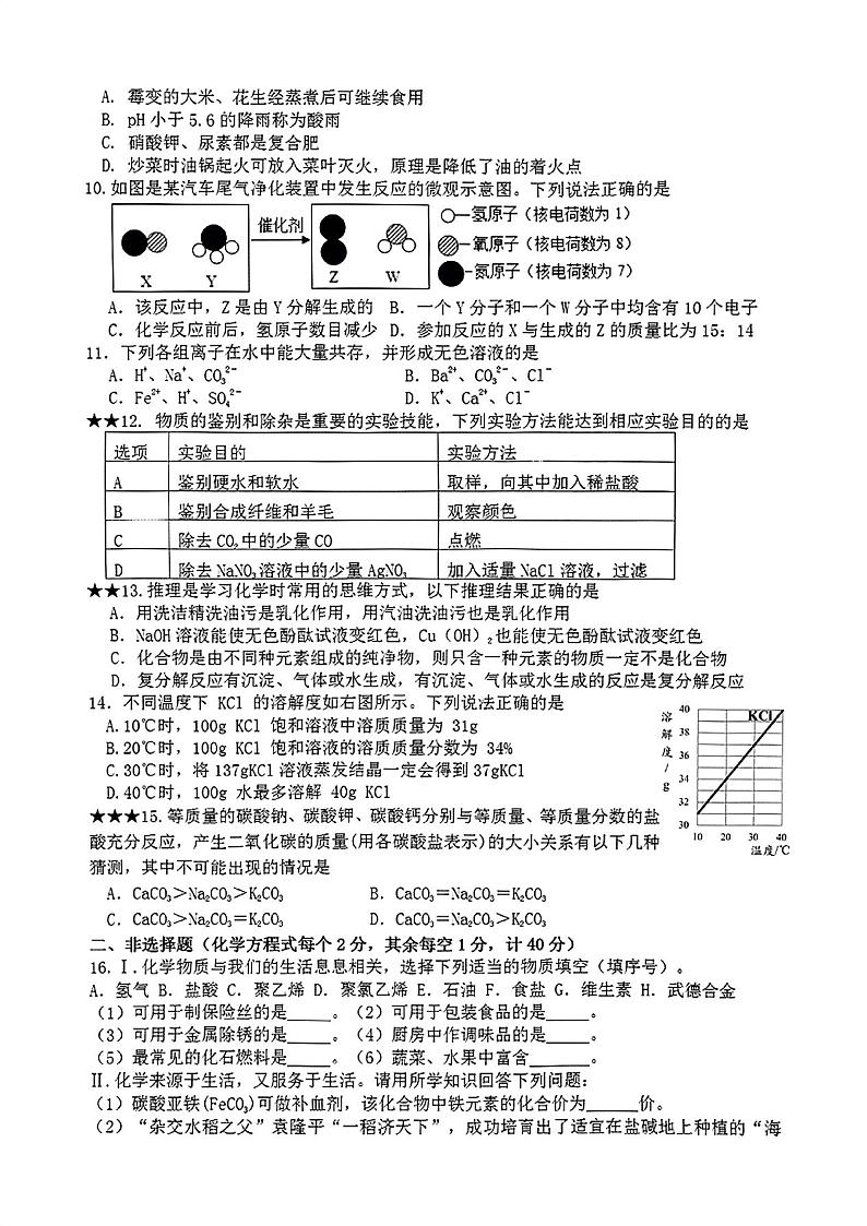 2022年江苏省盐城市滨海县第一初级中学中考三模化学试卷（无答案）02