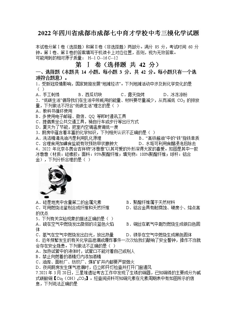 2022年四川省成都市成都七中育才学校中考三模化学试题01