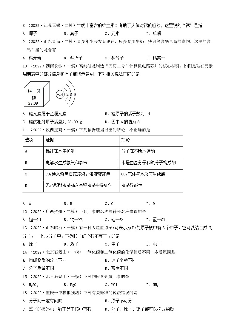 2022年中考化学冲刺复习-分子、原子、元素关系（基础题）①第2页