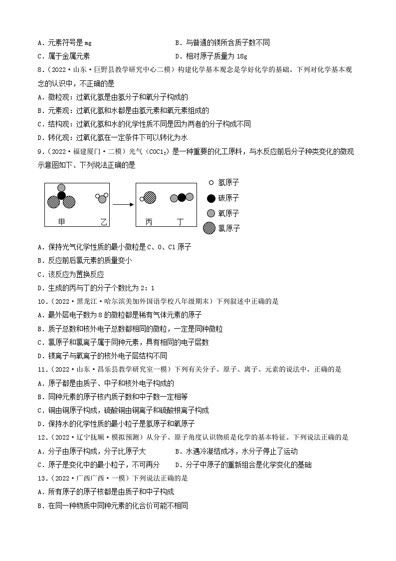 2022年中考化学冲刺复习-分子、原子、元素关系（中档题）①第2页