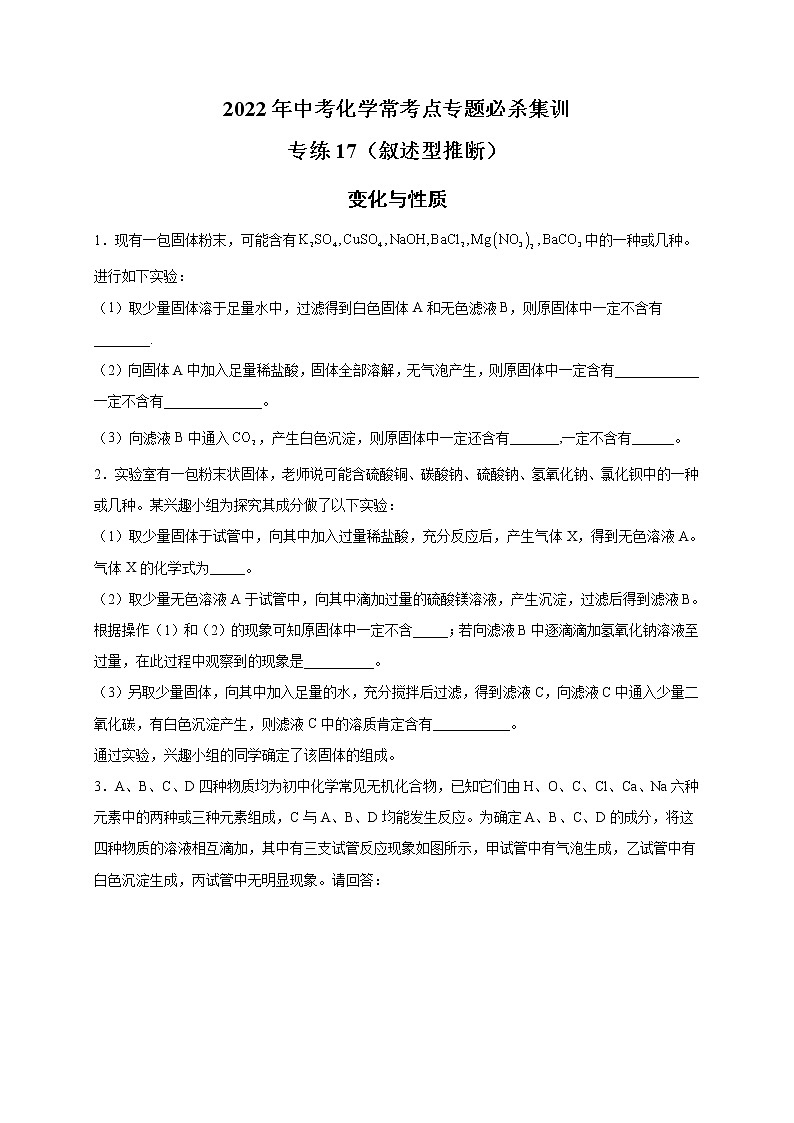 专练17（叙述型推断15题）-2022年中考化学常考点专题必杀集训（人教版）01