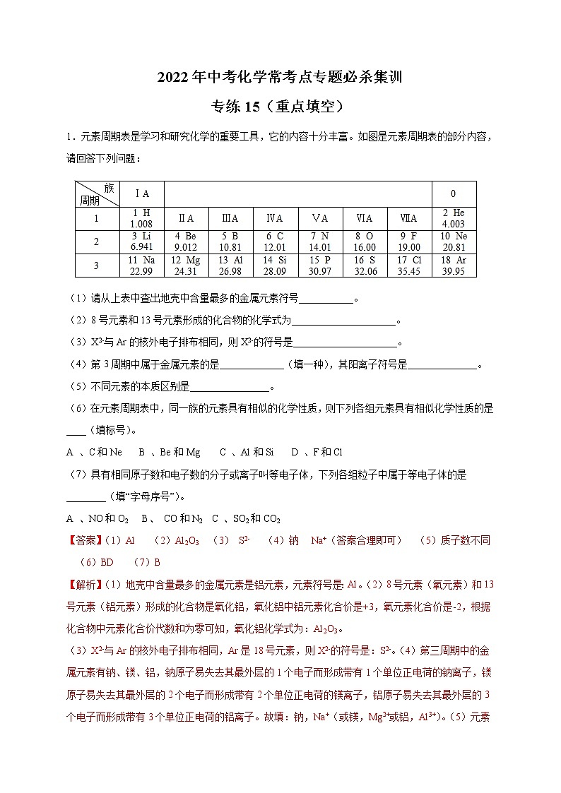 专练15（重点填空40题）-2022年中考化学常考点专题必杀集训（人教版）（解析版）第1页