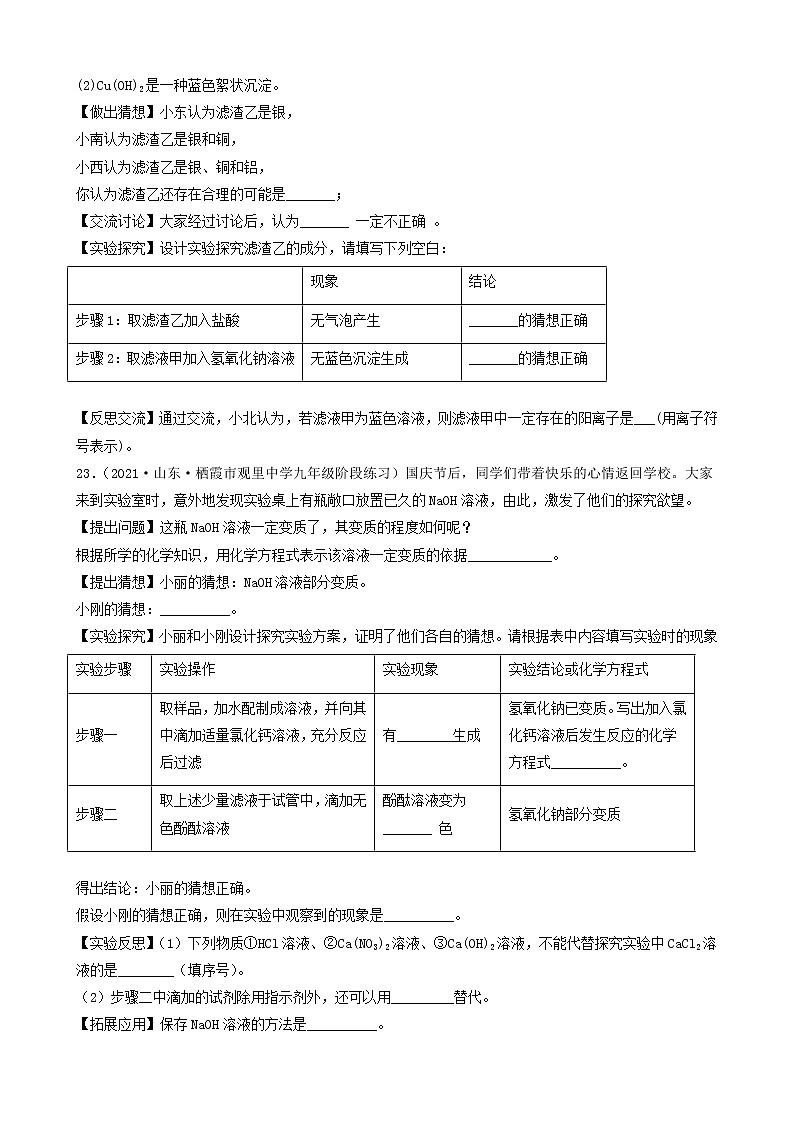 2022年中考化学冲刺必刷100题-科学探究题之实验的猜想与假设②第2页