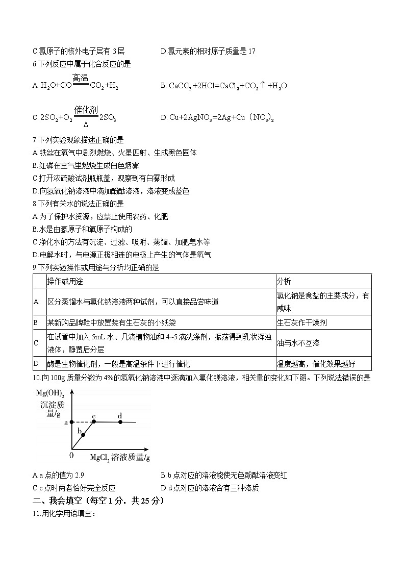 2022年湖南省张家界市桑植县初中毕业学业水平模拟化学试题(word版含答案)02