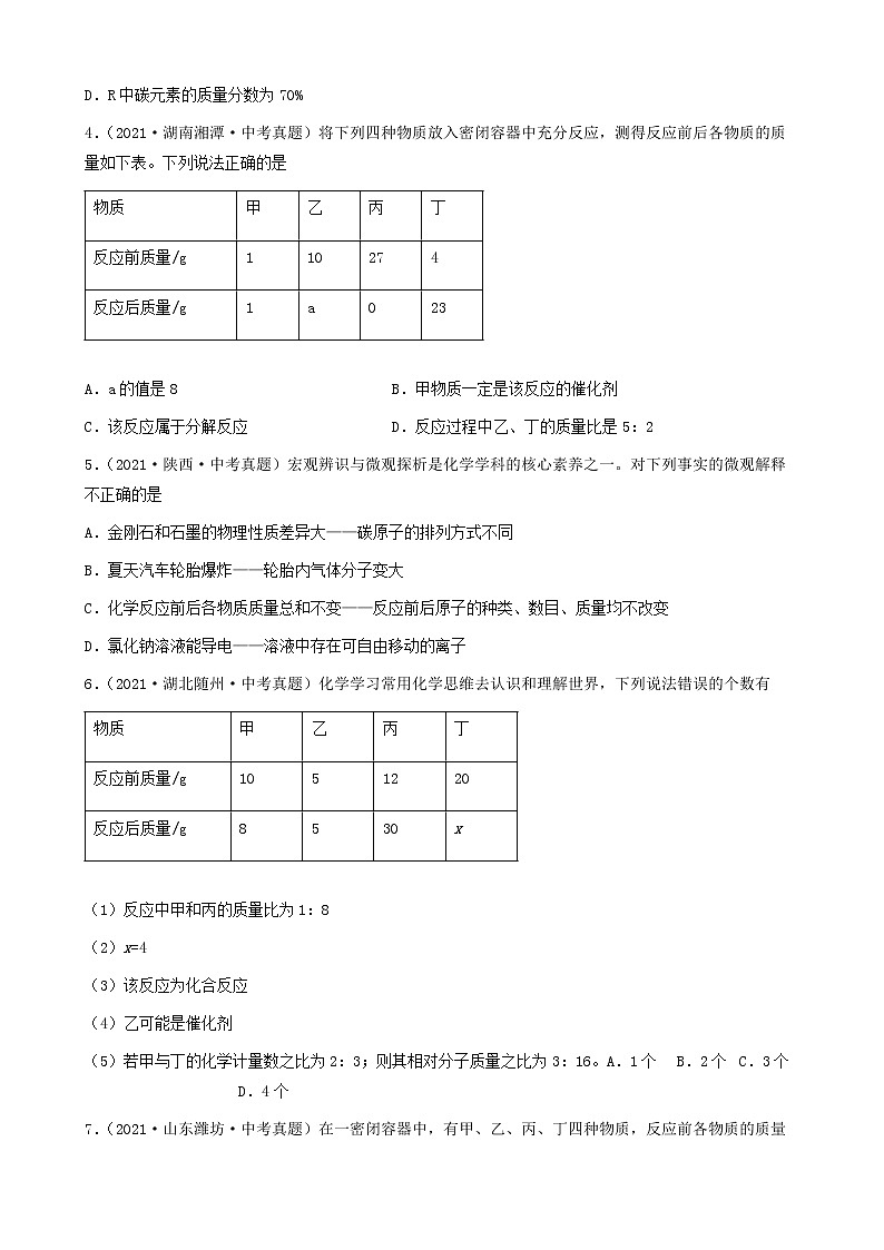 质量守恒定律-三年（2019-2021）中考真题化学100题分项汇编（全国通用）02