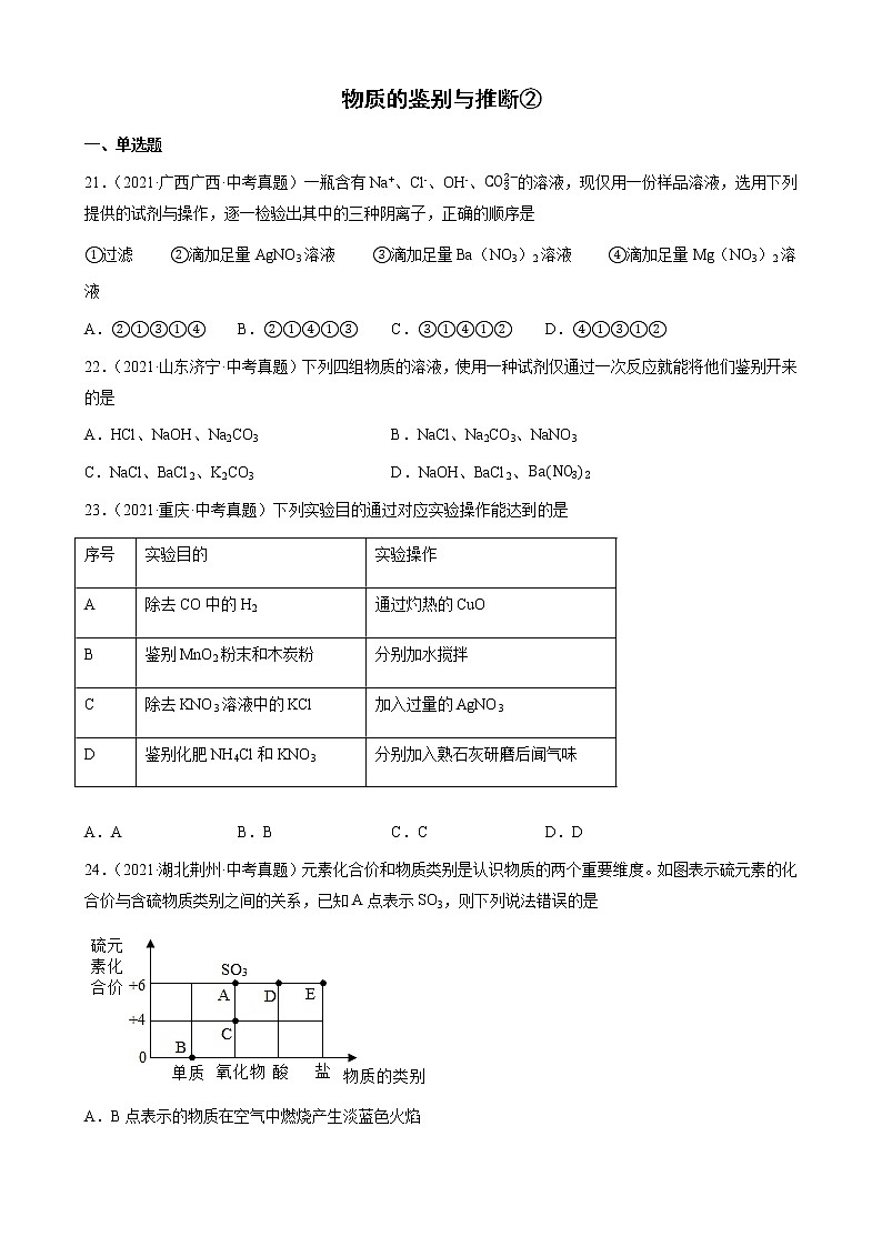 物质的鉴别与推断-三年（2019-2021）中考真题化学100题分项汇编（全国通用）01
