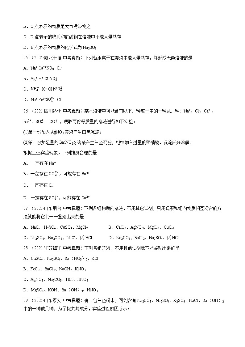 物质的鉴别与推断-三年（2019-2021）中考真题化学100题分项汇编（全国通用）02