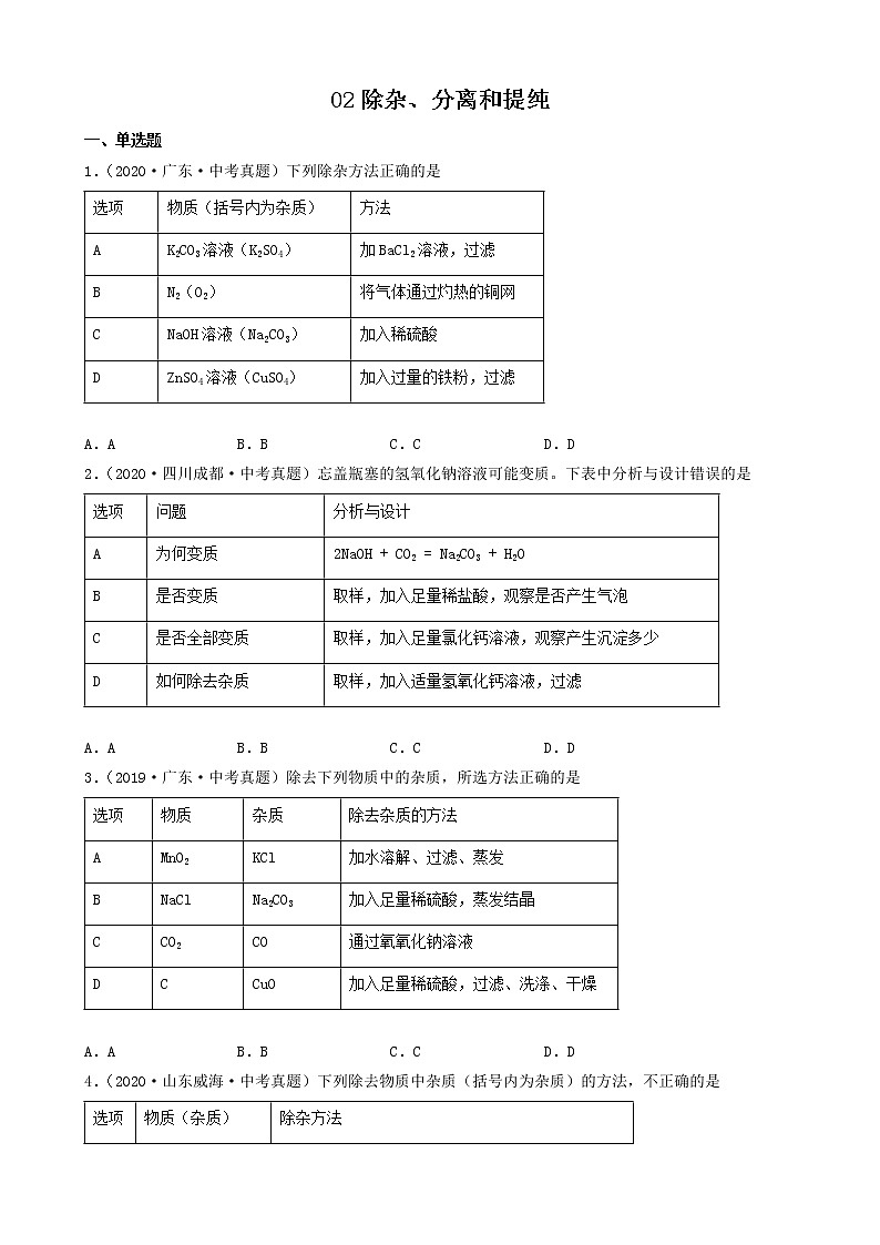 02除杂、分离和提纯-2022年中考化学考前真题提分重点专项冲刺练习第1页