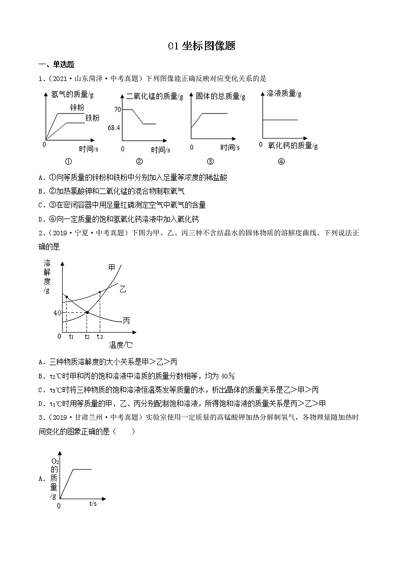 01坐标图像题-2022年中考化学考前真题提分重点专项冲刺练习第1页