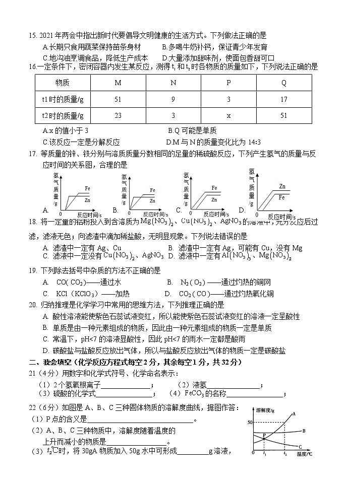 2022年湖南省怀化市新晃侗族自治县初中毕业学业水平考试模拟（二）化学试题(word版含答案)03