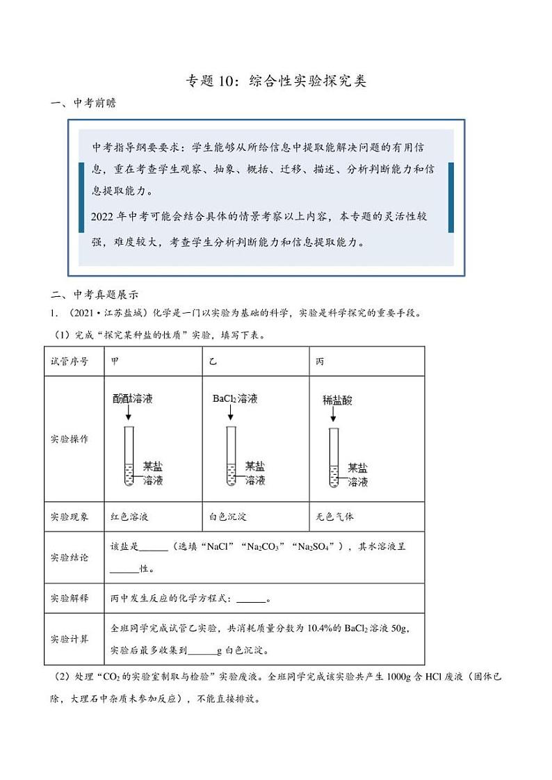 2022年中考化学压轴题专练10：综合性实验探究类（学生版+解析版）第1页