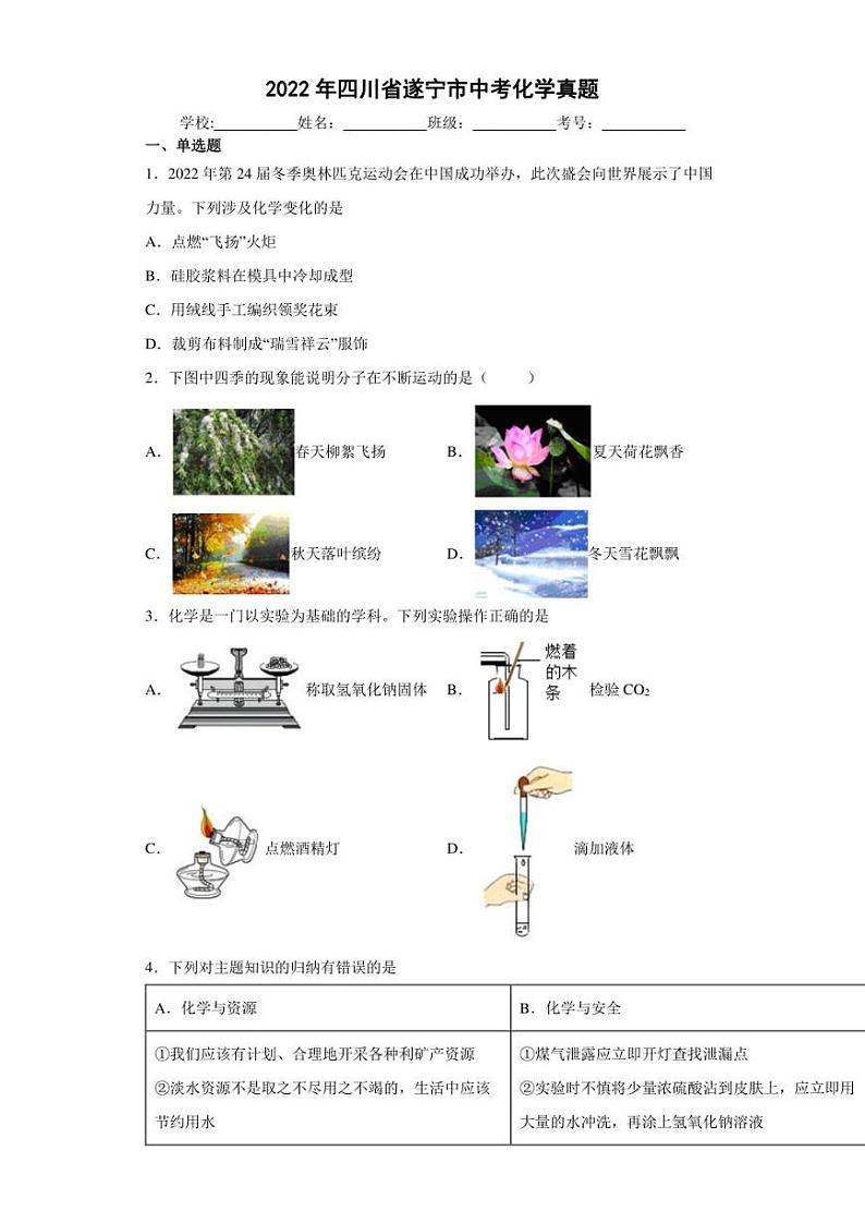【中考真题】2022年四川省遂宁市中考化学试卷（附答案）01
