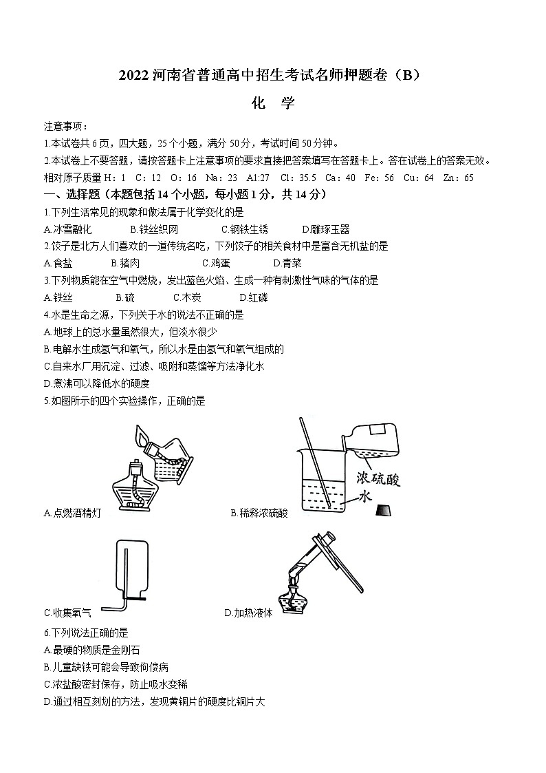 2022年河南省九年级普通高中考试名师押题B化学试题(word版含答案)第1页