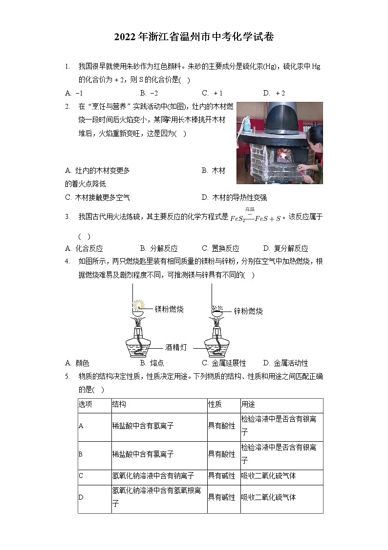 2022年浙江省温州市中考化学试卷（包含答案解析）01