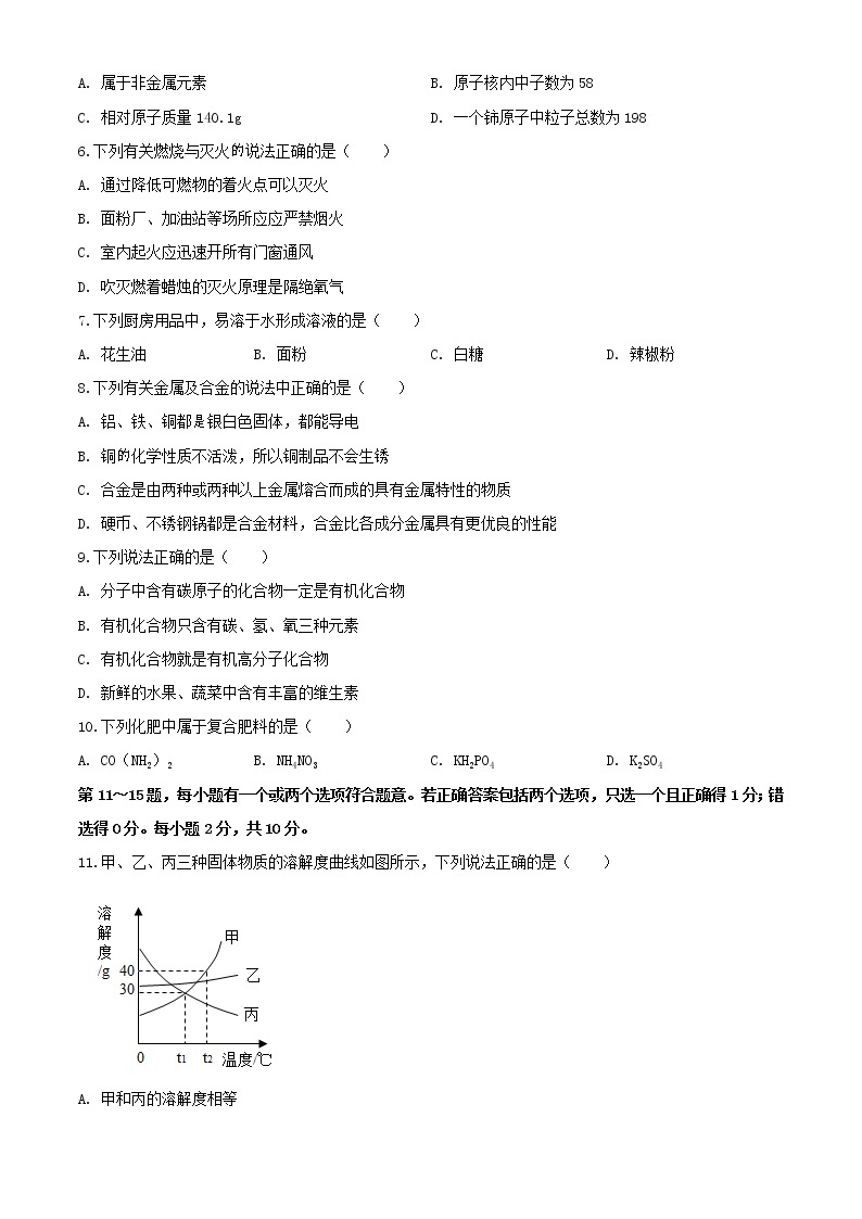 沪教版化学九年级下册  期末测试卷6（含答案）02