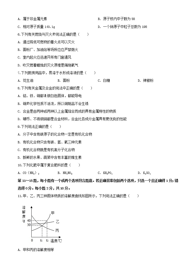 沪教版化学九年级下册  期末测试卷6（含答案）第2页