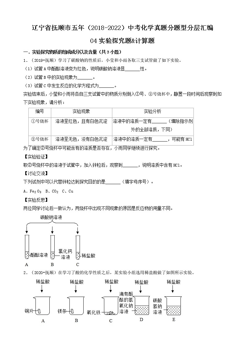 04实验探究题&计算题-辽宁省抚顺市五年（2018-2022）中考化学真题分题型分层汇编（共23题）第1页