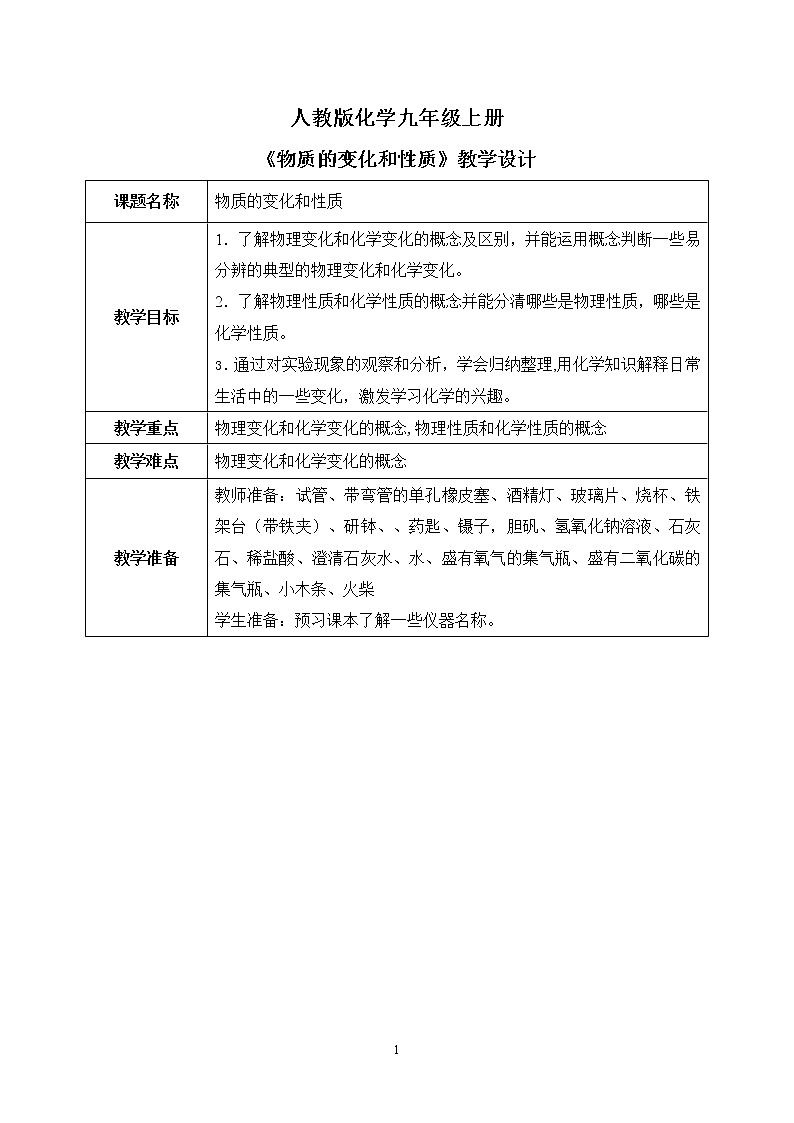 课题1《物质的变化和性质》课件PPT+教学设计+同步练习01
