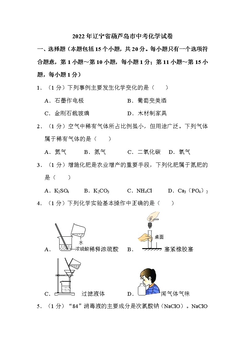 2022年辽宁省葫芦岛市中考化学试卷解析版01