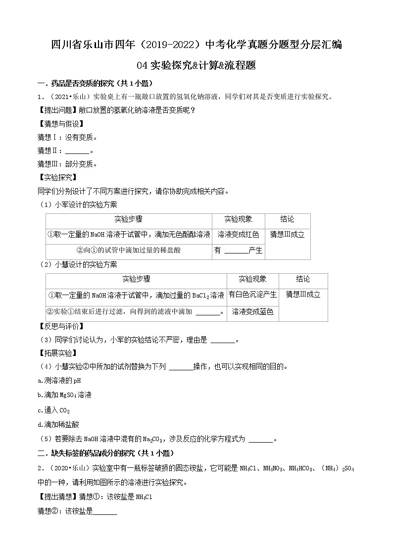 四川省乐山市四年（2019-2022）中考化学真题分题型分层汇编-04实验探究&计算&流程题第1页