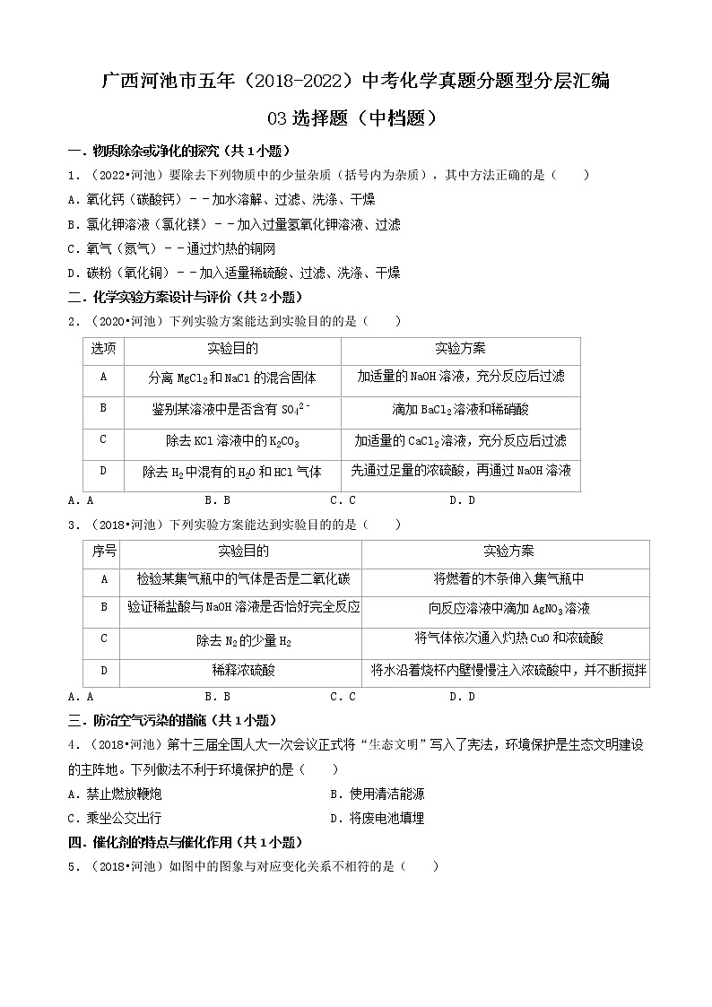 广西河池市五年（2018-2022）中考化学真题分题型分层汇编-03选择题（中档题）01