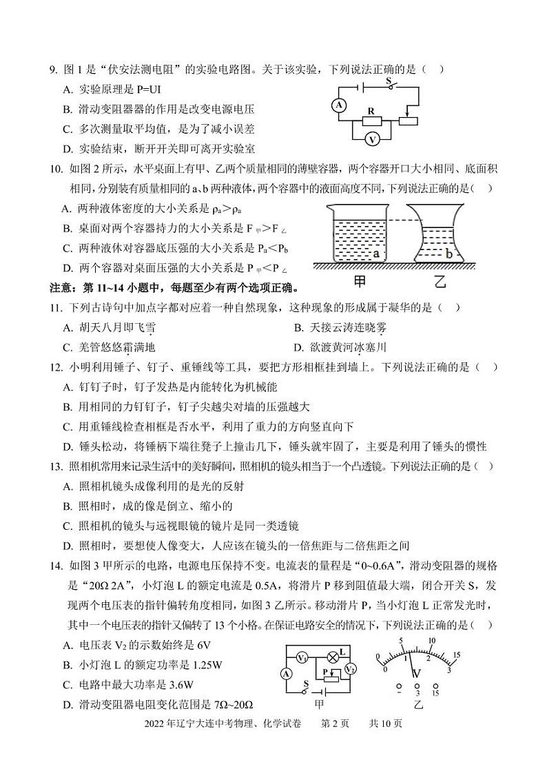 2022年辽宁大连中考物理、化学试卷及参考答案02