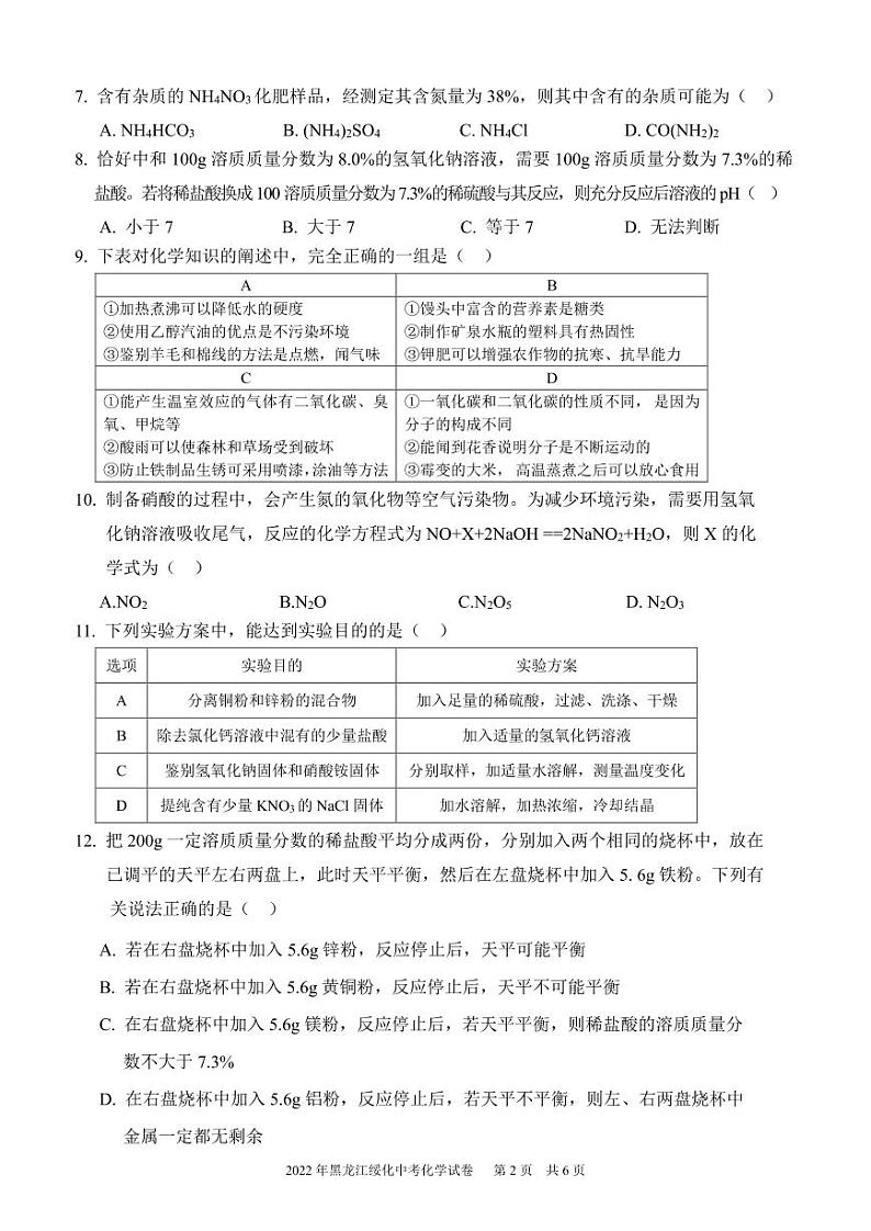2022年黑龙江省绥化市初中学业水平考试化学试卷及答案02