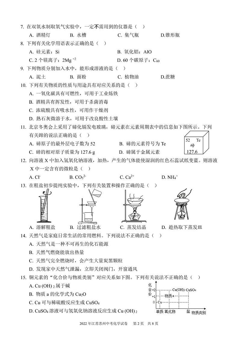 2022年将苏州初中学业水平考试化学试卷及答案02