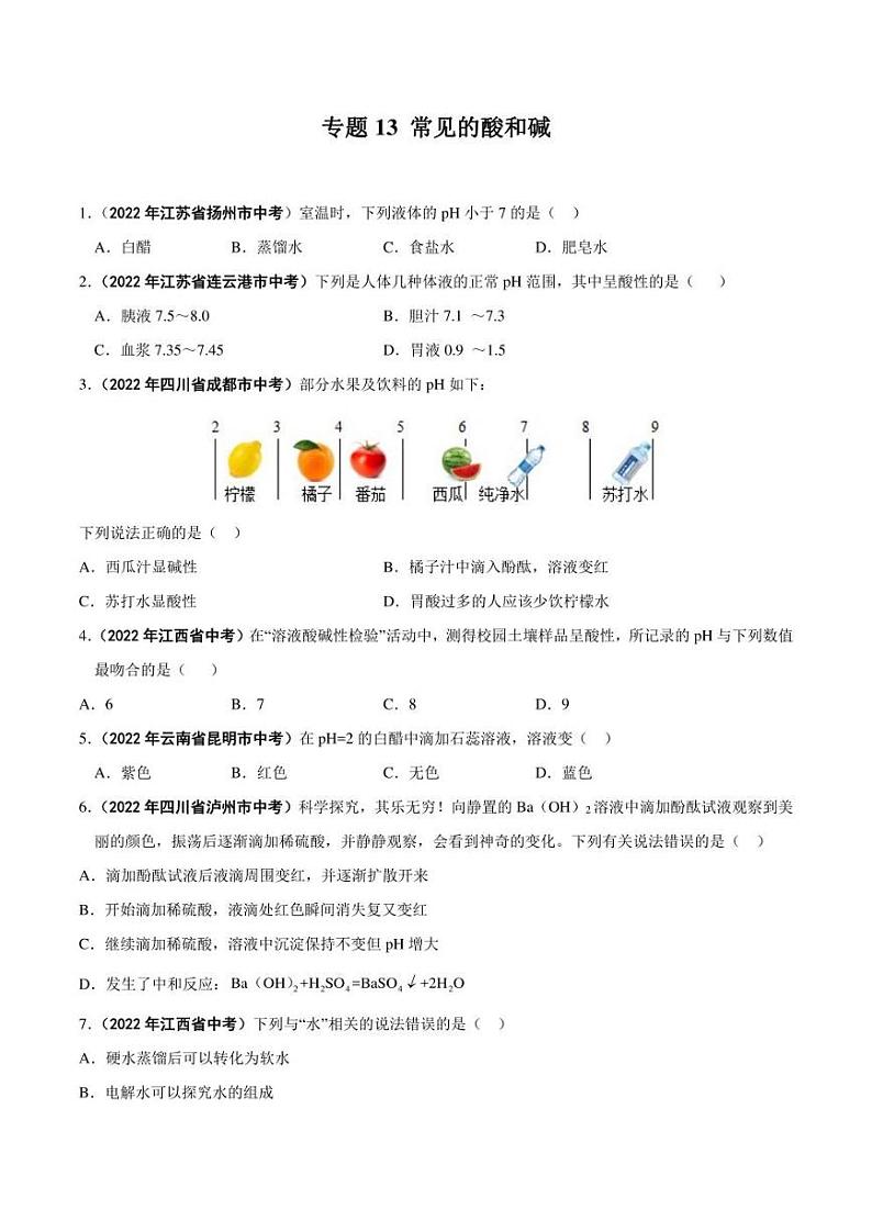 2022年中考化学学真题分类汇编 专题13 常见的酸和碱（学生版+解析版）第1页