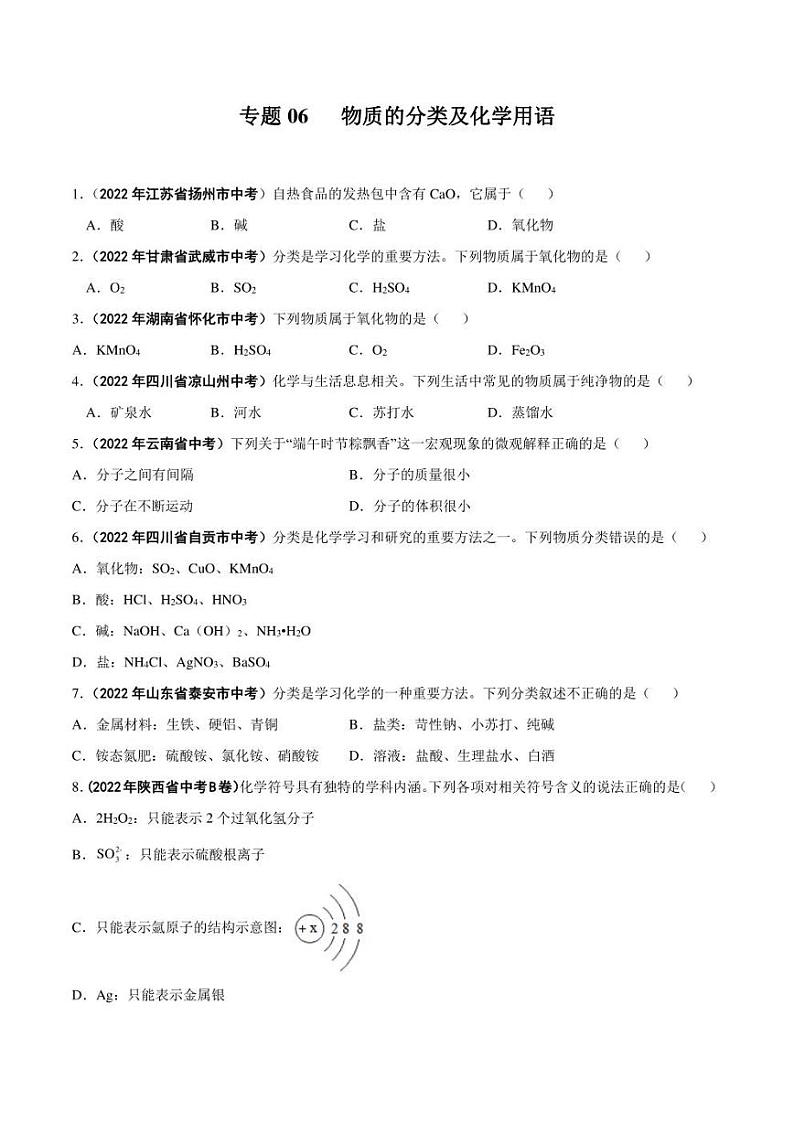 2022年中考化学学真题分类汇编 专题06 物质的分类及化学用语（学生版+解析版）01