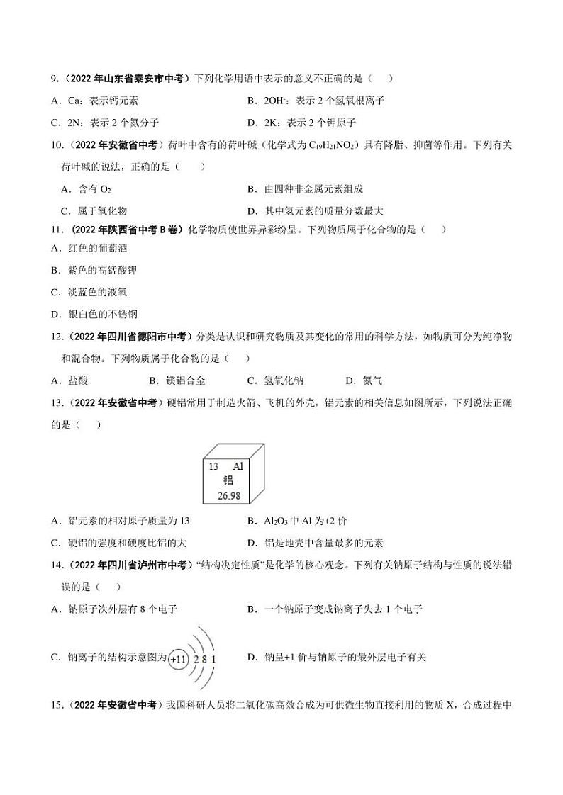 2022年中考化学学真题分类汇编 专题06 物质的分类及化学用语（学生版+解析版）02
